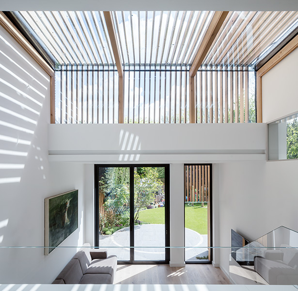 Interior photo shwoing the high ceilings, and timber external shading slats, 01 of 07.