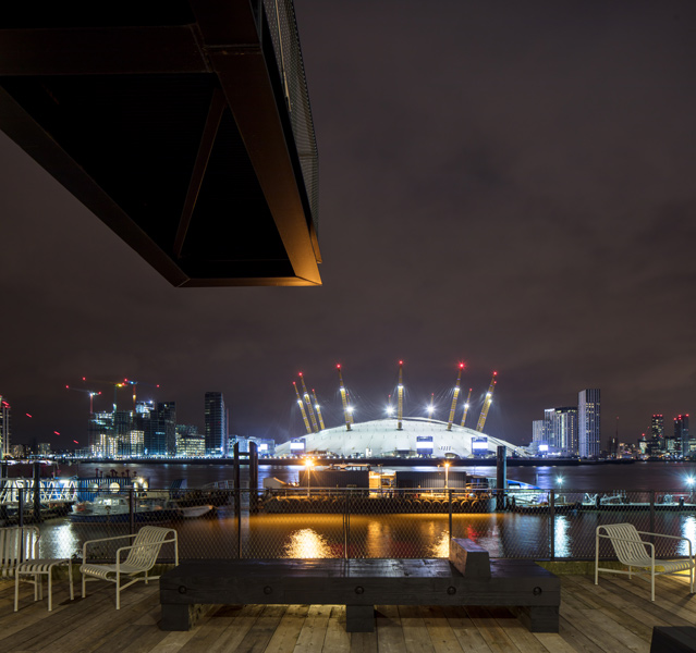 Night view showing the O2 Arena and projecting balcony, 20 of 20.